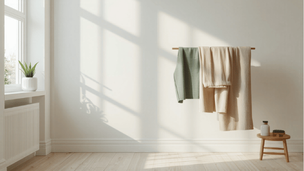 Miljövänlig tvättscen med naturliga material och mjuka nordiska toner