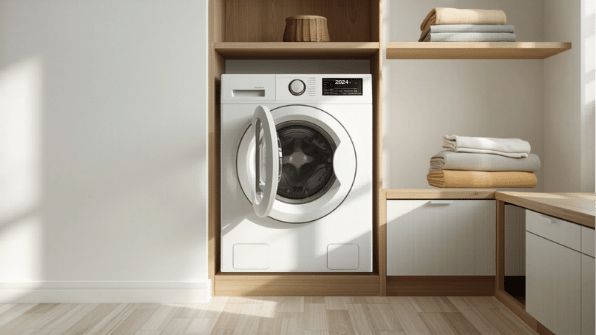 Modern frontmatad tvättmaskin i ett ljust skandinaviskt hem